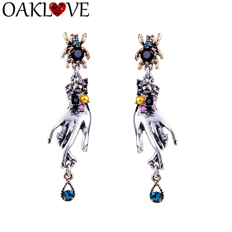 Ретро Персонализированные Висячие руки паук длинные сережки античное серебро