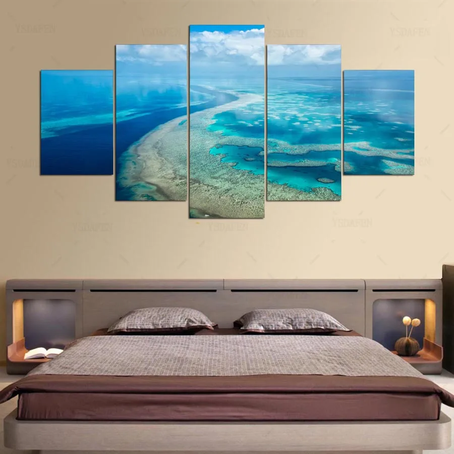 Современные interieur modulaire холст HD gedrukt 5 stuks blauwe хемел oceaan волькен волна zeegezicht schilderen