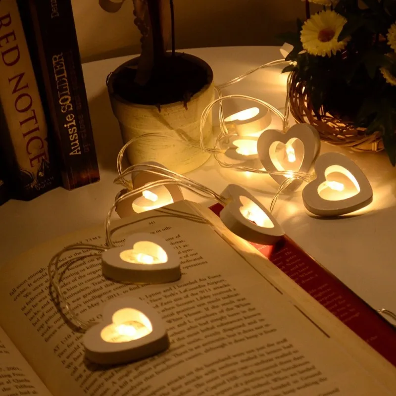

10 LED Warm Wooden Heart Shape String Fairy Lights For Christmas Xmas Wedding Decoration Party Valentine's Day Home Decoration