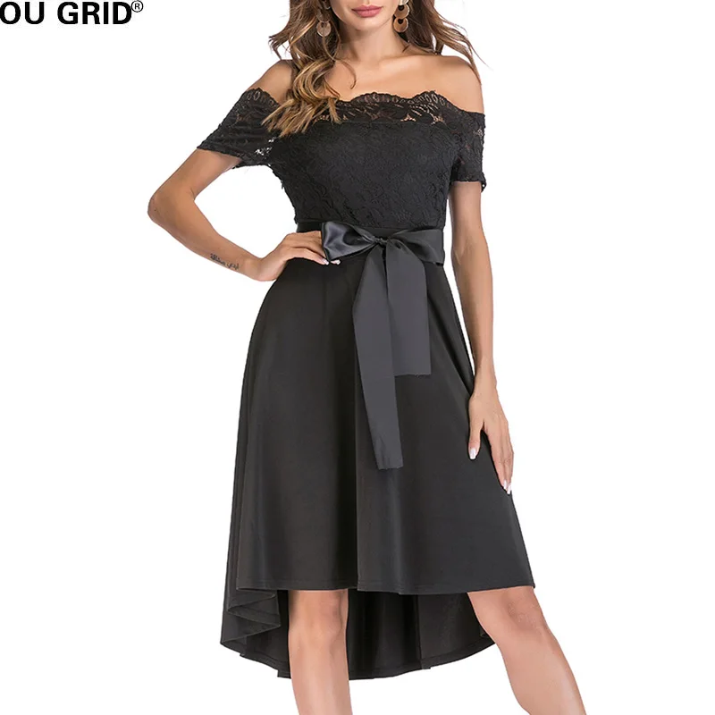 Женское винтажное кружевное платье для вечеринки с открытыми плечами, узким силуэтом и элегантным асимметричным подолом, сексуальное с обнаженным вырезом горловины, А-образного кроя.