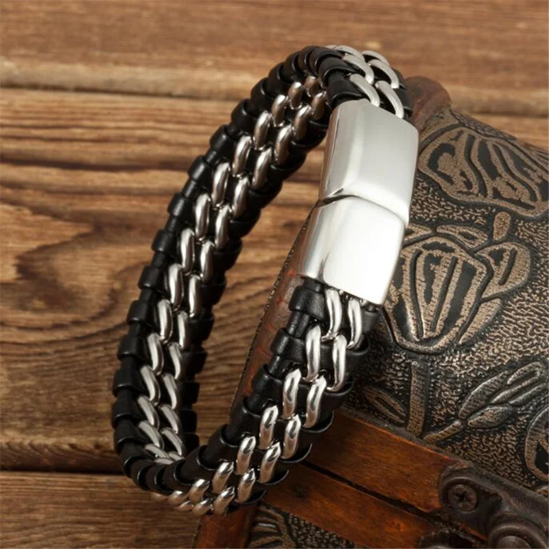 Панк Черный Кожаный браслет для мужчин тканые ювелирные изделия из нержавеющей