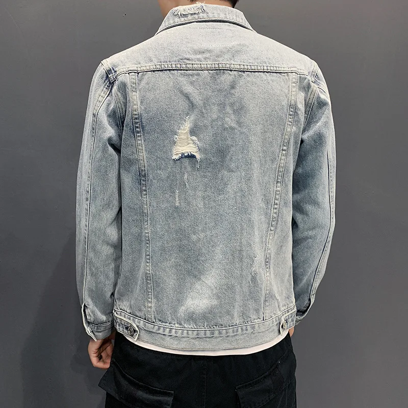 Джинсовая куртка мужская с отложным воротником винтажная приталенная длинными