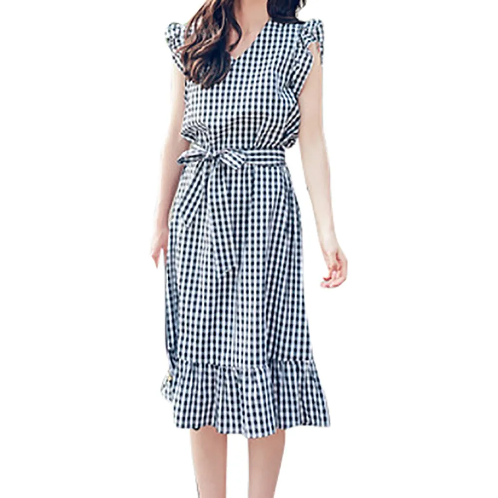 Модное женское летнее клетчатое плиссированное платье с бантом и v образным