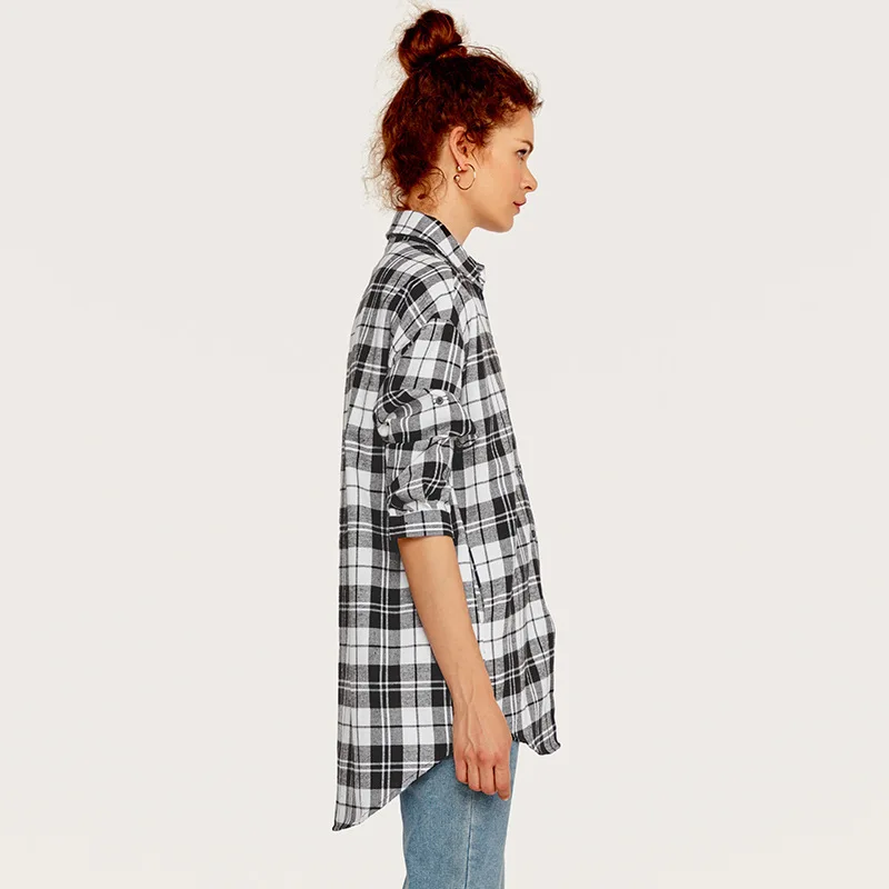 GOPLUS Весенняя модная клетчатая Длинная блузка Женская хлопковая уличная одежда с