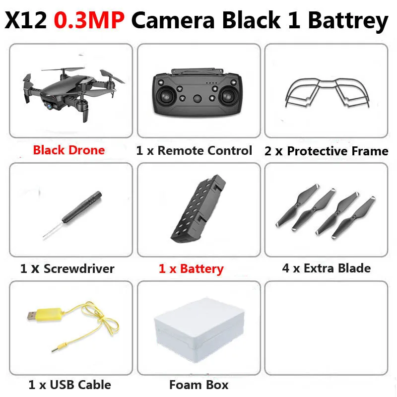 0.3MP Black 1B Foam X12 WiFi FPV Mini Foldable Drone Camera 0.3MP 2MP HD Optical Flow Aerial Video Profissional RC Quadcopter Helicopter Toys SG106 - Цвет: 0.3MP Black 1B Foam