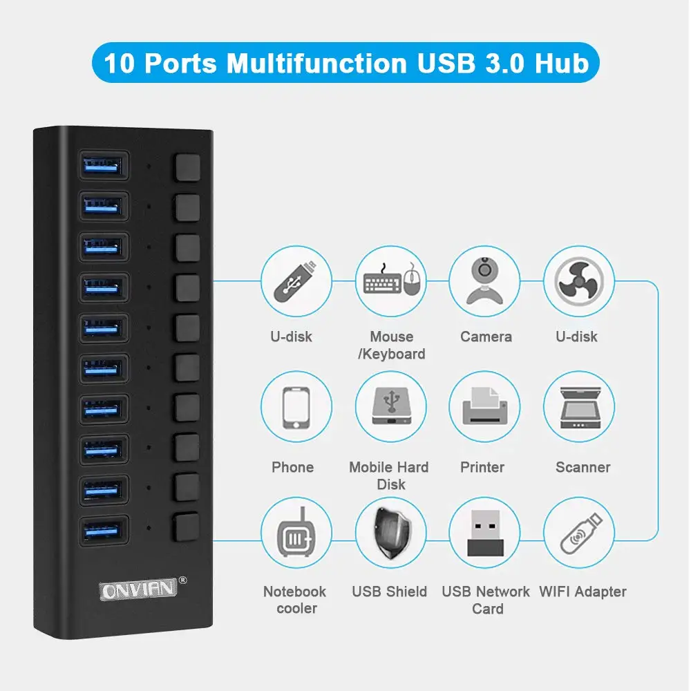 Onvian USB 3 0 концентратор 10 портов 5 Гбит/с высокоскоростной сплиттер с