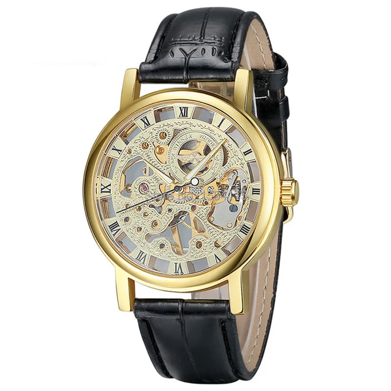 100 шт./лот хит продаж модные механические часы с кожаным ремешком мужские