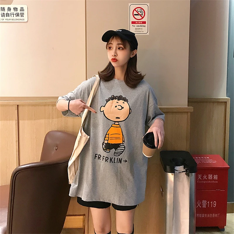 Женская футболка средней длины с принтом новинка 2019 года Корейская свободная