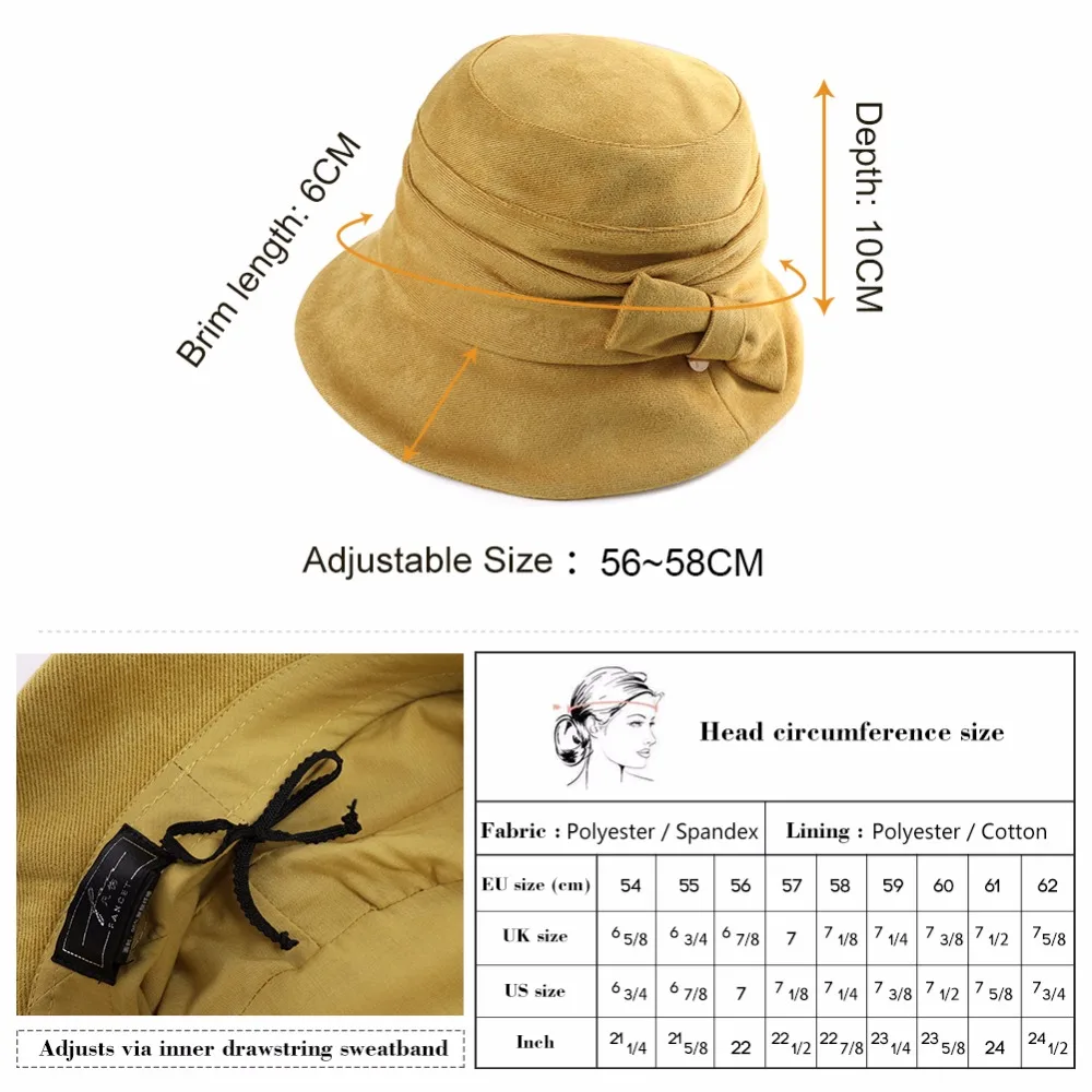 FANCET Women Cloche Bucket Hats 1920s Vintage Church Derby Packable Foldable Winter Wired Brim Adjustable Bowknot Hats 99088