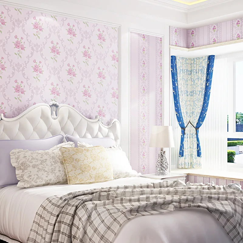

beibehang Pastoral style wallpaper non-woven light purple pink flower romantic warm bedroom AB version vertical stripes wall