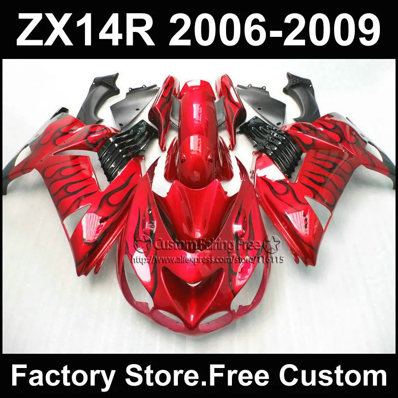 

ABS Injection molding fairing kit for Kawasaki 2006 2007 2008 2009 ZX14R Ninja ZX 14R 06-09 black flame in red fairings bodywork