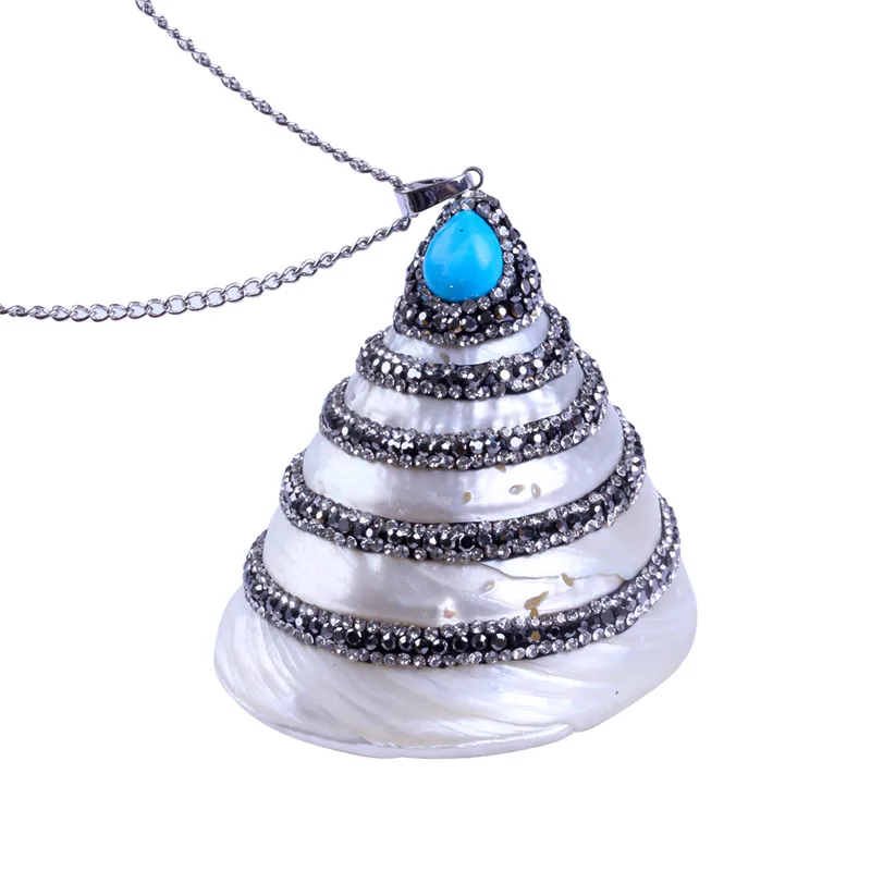 5pcs charms spiral natural white shell shellfish black rhinestone blue turquoise necklace for women pendants jewelry making | Украшения и