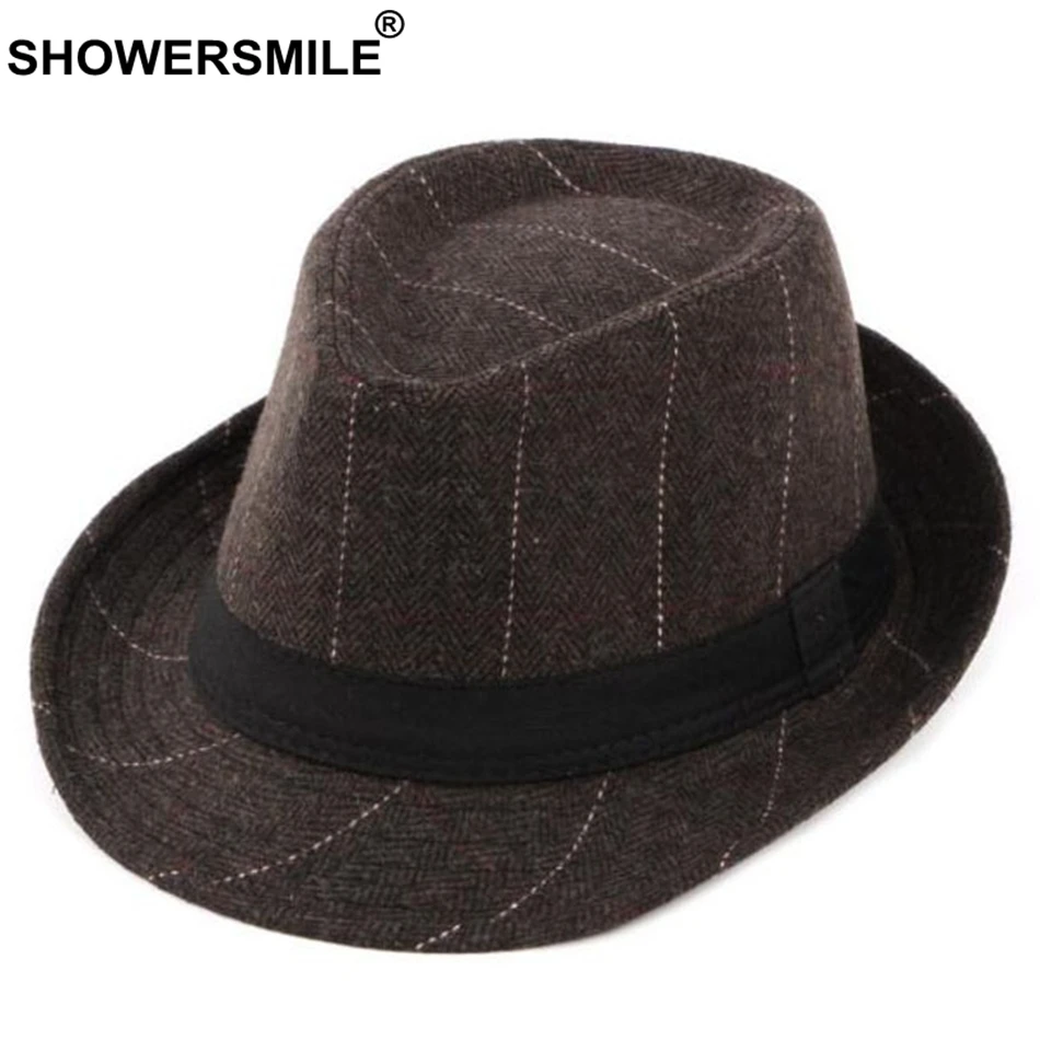 SHOWERSMILE, серая клетчатая фетровая шляпа, Мужская шерстяная твидовая Классическая джазовая шляпа, Мужская винтажная Осенняя фетровая шляпа в британском стиле, Новинка