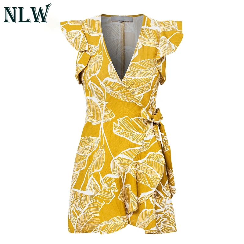 NLW желтый Boho печати обёрточная бумага платье V средства ухода за кожей Шеи