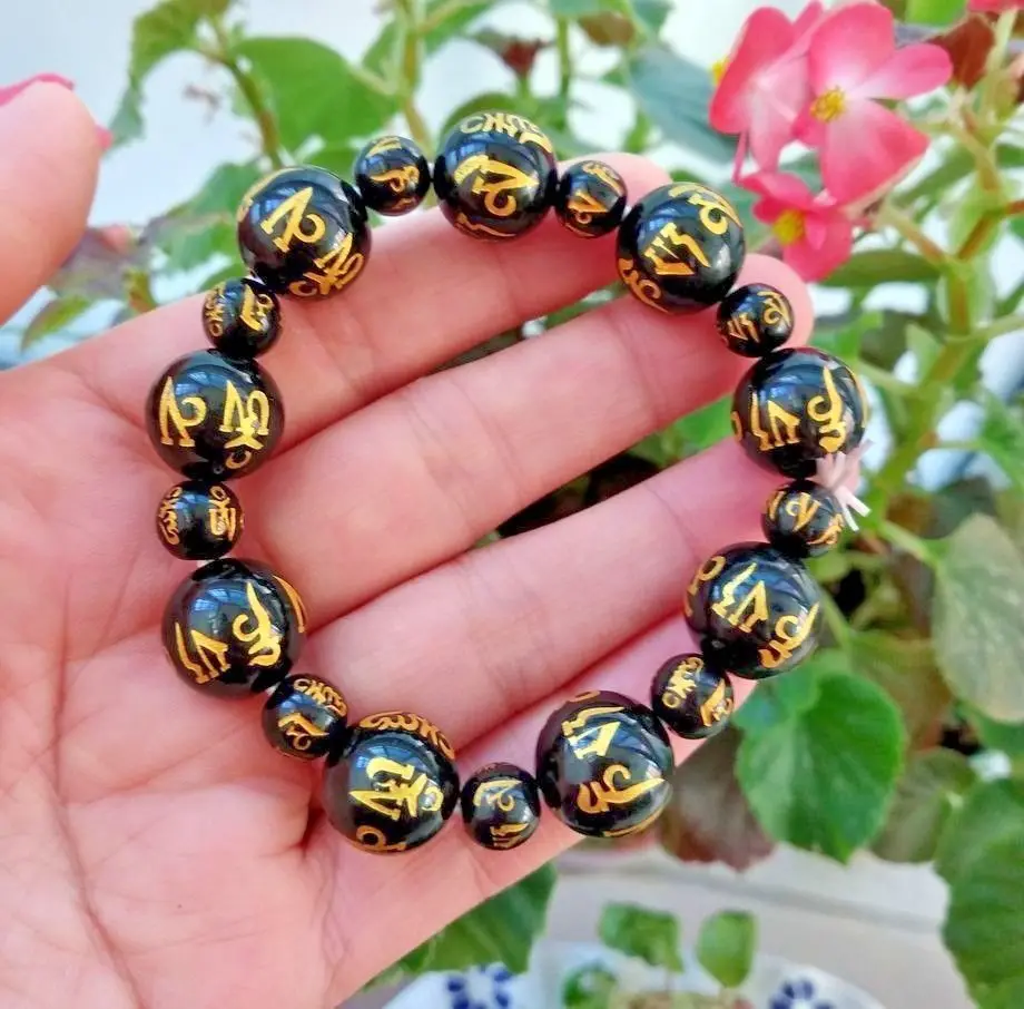 

14mm Lucky Mala Bead Prayer Rosary Bangle The Six Syllable Mantra Bracelet Black Chalcedony