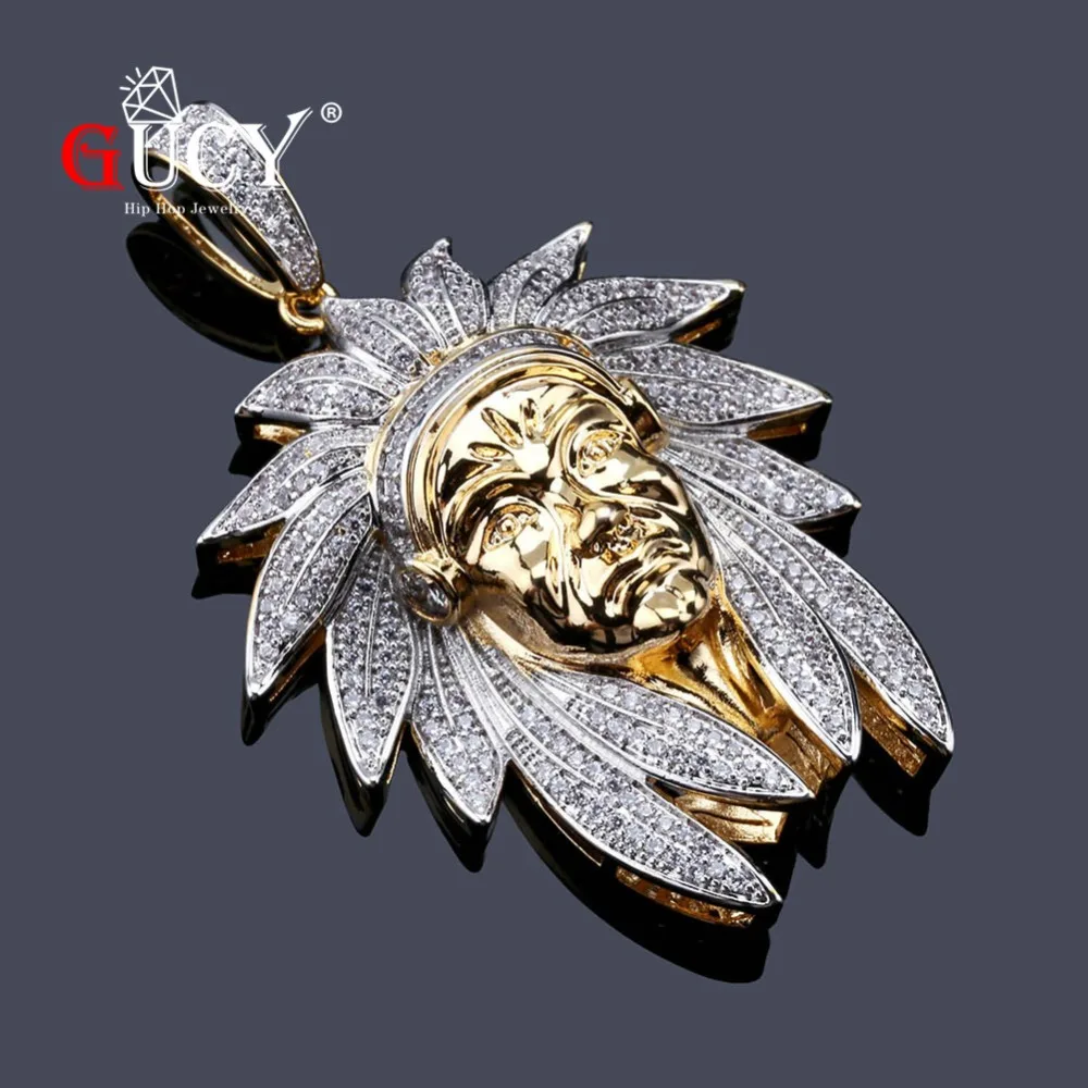 GUCY Bling Hip Hop Indian Chief Pendant Necklace Iced Out Cubic Zircon With 4MM Tennis Chain Gold Color CZ Gift For Men | Украшения и