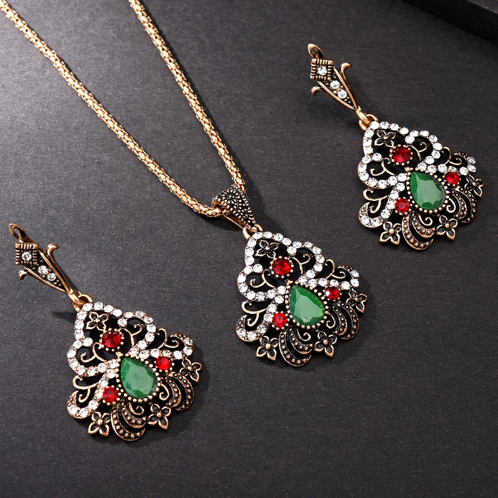 Зеленая винтажная Этническая бижутерия набор колье с кристаллами и цветами