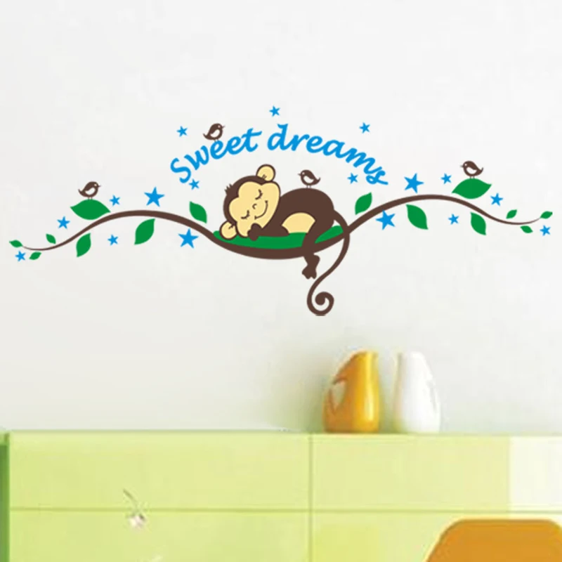 sweet dream cartoon monkey sleeps wall sticker for kids baby room home decor bedroom decals mural decorations animal stickers | Дом и сад