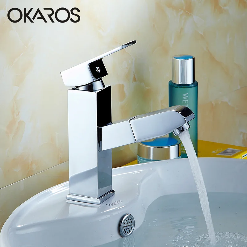 Современный Смеситель OKAROS для раковины в ванной комнате выдвижная