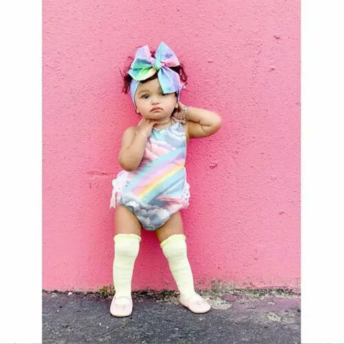 2019 Брендовое Кружевное боди с радужным принтом для новорожденных девочек