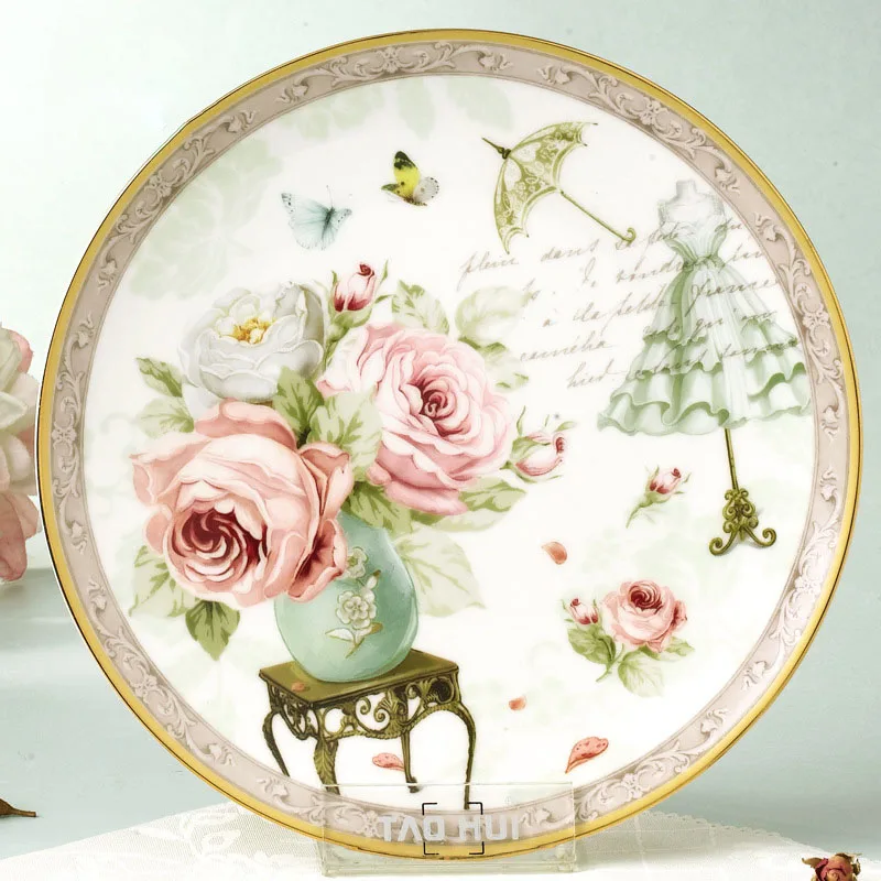 Flower Обеденные тарелки, керамическая тарелка, плоское блюдо, поднос, винтажный стиль, поднос, розовая роза, дизайн, поднос для еды, тарелка из костяного фарфора, Рождественская тарелка - Цвет: Flower