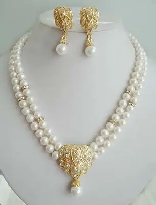 Очаровательное ожерелье и серьги из белого жемчуга 2 ряда 8 10 мм комплект
