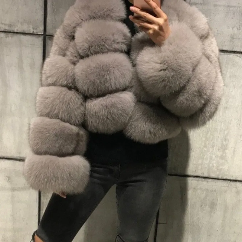 FURSARCAR New Fashion Natural Real Blue Fox Fur Women Natural Genuine Fur Jackets Coats Female 5 Row Short Outerwear Girls - Color: Gray