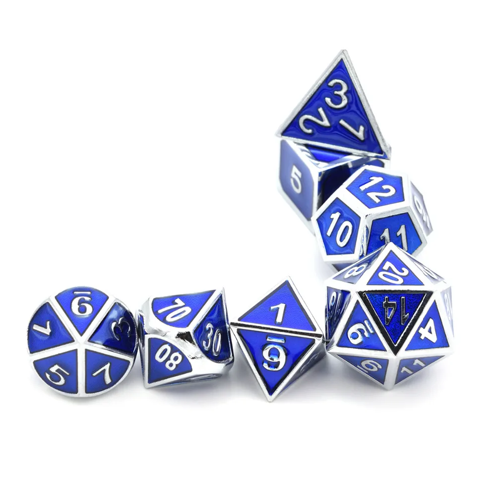 7 шт./набор синих Металлических Кубиков D& D с бархатным мешочком D20 D12 D10 D% D8 D6 D4 для подземелий и драконов DND RPG MTG настольные игры
