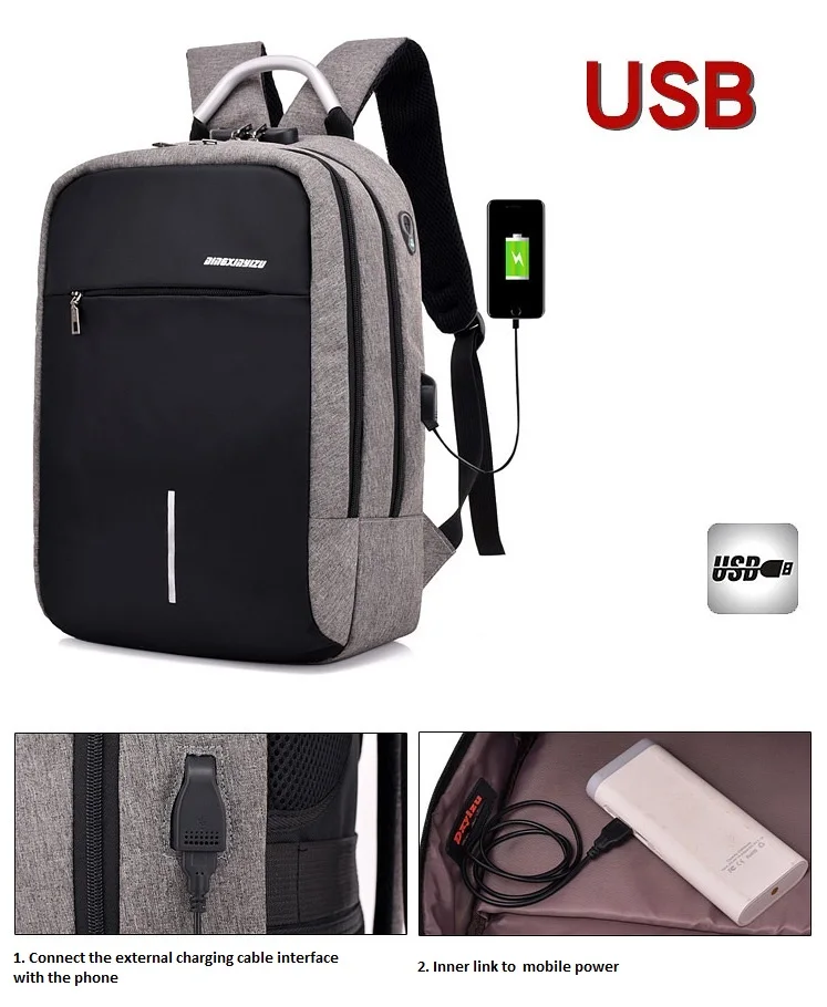 Противоугонный рюкзак с паролем, рюкзак, ноутбук, USB зарядные рюкзаки, пакет школьной сумки для взрослых Zaino Donna Rugzak
