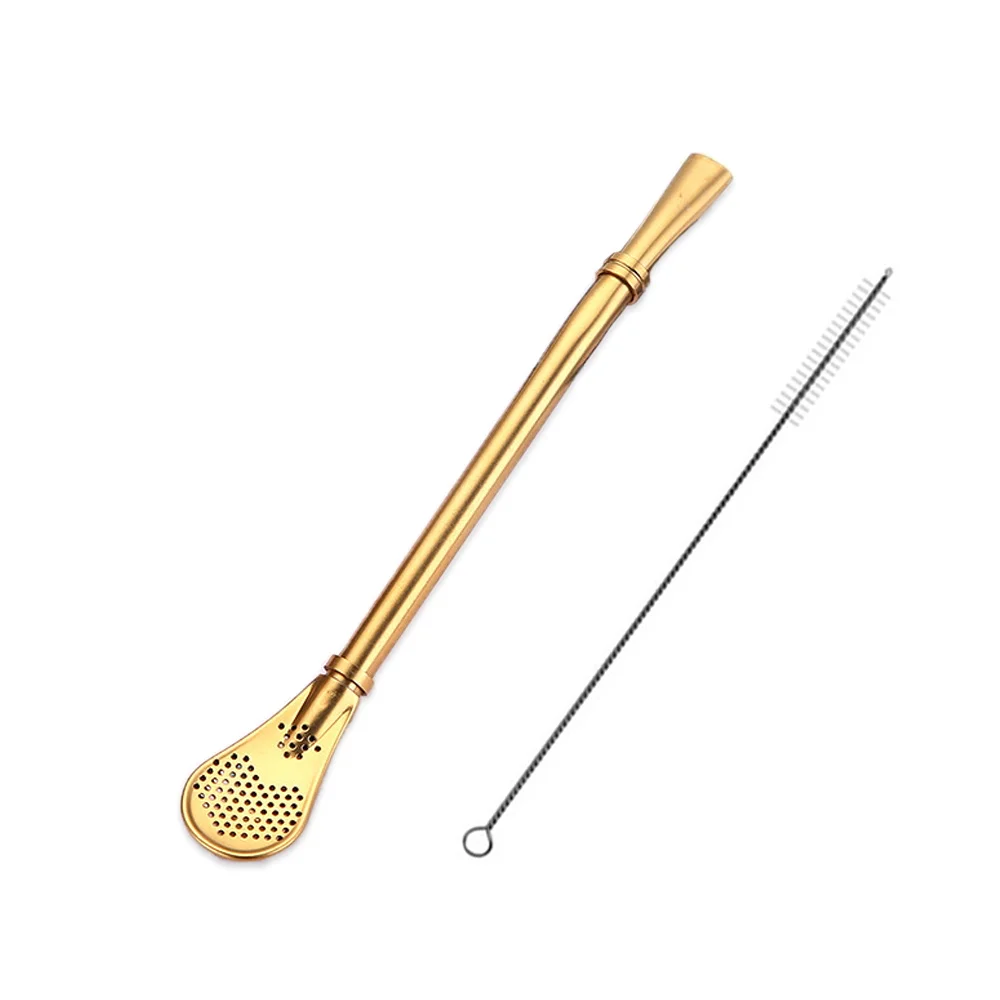 Gold 1PC Stainless Steel Straws Metal Straw Tubules Yerba Mate Filter Spoons Reusable Tube Tea Tools+ Cleaner Brush Bar Accessories - Цвет: Gold