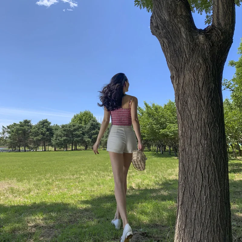 

Red Checked Lace Short Sling Sexy Crop Top Streetwear Cotton Bow Shirt Short Camis Plaid Crop Tops Mage Retro Red Off Shoulder