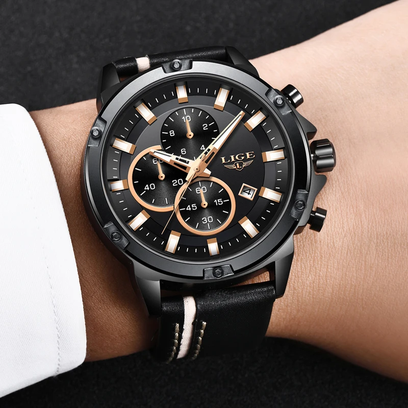 Часы наручные LIGE Мужские кварцевые брендовые Роскошные повседневные