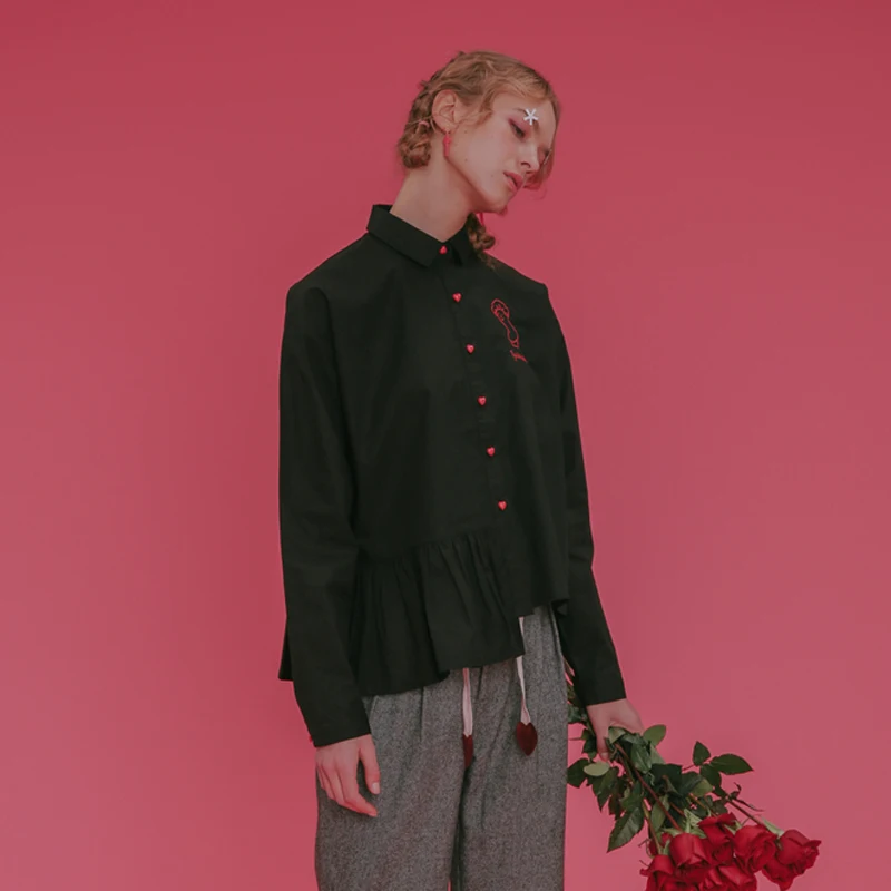 Женская хлопковая рубашка с короткими сердечками и пуговицами Harajuku Черная