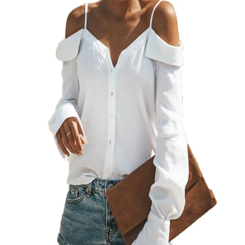 Угость Женская белая рубашка с открытыми плечами Топ фонарь рукав кнопка v