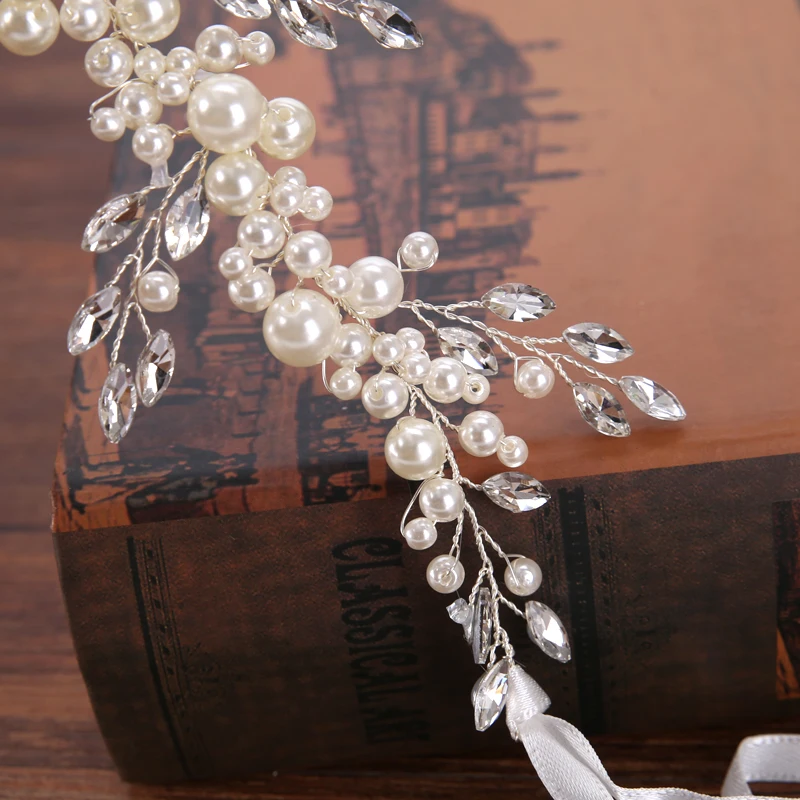 

Trendy Silver Color Pearl Wedding Headband tiara For Bride Hair Accessories Handmade Pearl Bracelet Women Hiar Jewelry FD422