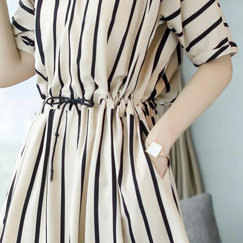 

New Women Summer Dress Casual 2019 Vertical Stripe O-Neck Ladies Dresses Vintage Clothes For Women Fashion A-line Dress