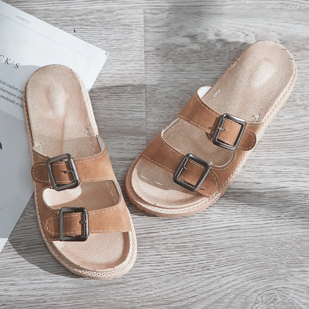 Женские летние шлепанцы на платформе с пряжкой для тапочек однотонные пляжные