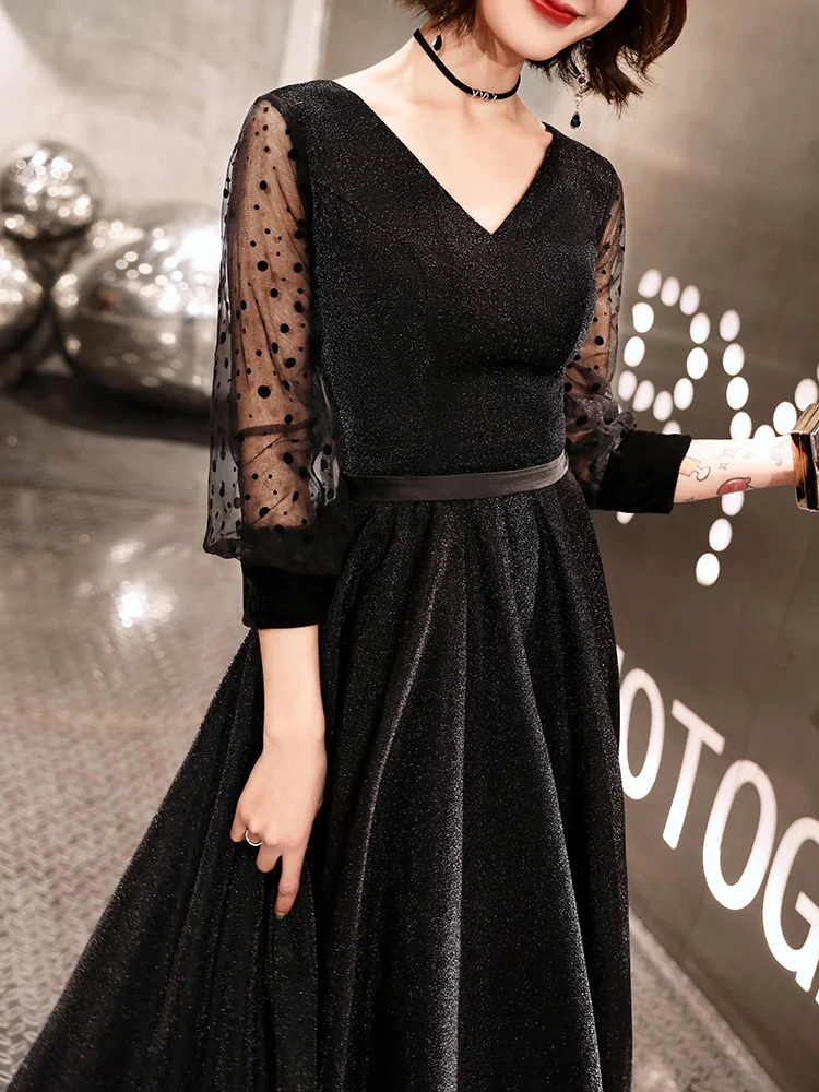 Robe De Soiree блестящее вечернее платье с длинными рукавами Черное в пол v образным