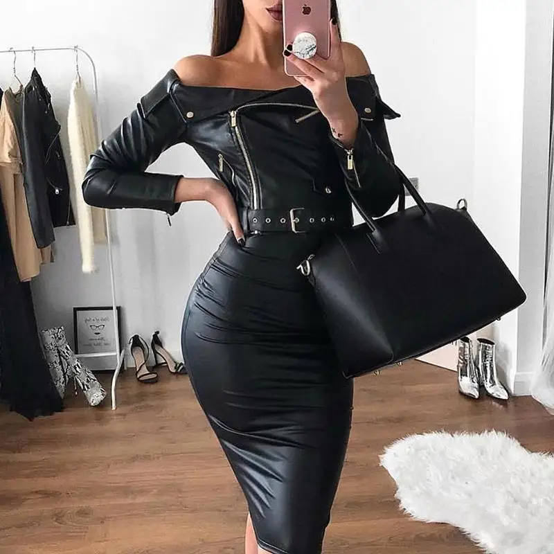 

High Quality Fashion Long Sleeve Slash Neck Women Off Shoulder Slim Zipper Design PU Leather Dress Streetwear Sheath Party Dress