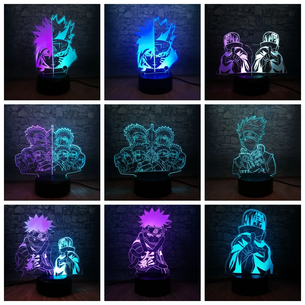 7 смешанных двухцветных фигурок Наруто Sasuke Kakashi 3D светодиодный ночник Lihgt с