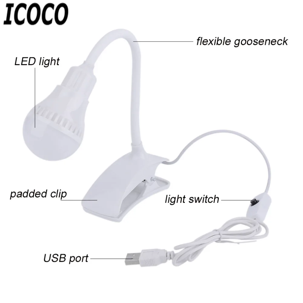 ICOCO 1 шт. супер яркая светодиодная настольная лампа с зажимом USB перезаряжаемая
