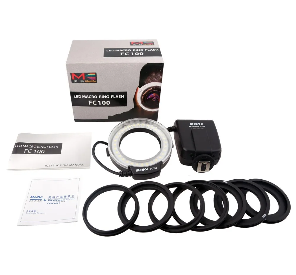 Meike FC100 светодиодный Кольцевая вспышка для макросъемки для Nikon D7100 D7000 D5200 D5100 D5000 D3200 D3100 D3000 D800 D600 D300s D200 D90 D80 D60