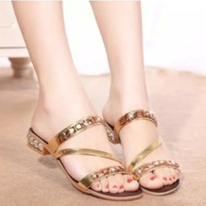 Женские блестящие стразы на квадратном каблуке (4-9) Удобные шлепанцы в западном