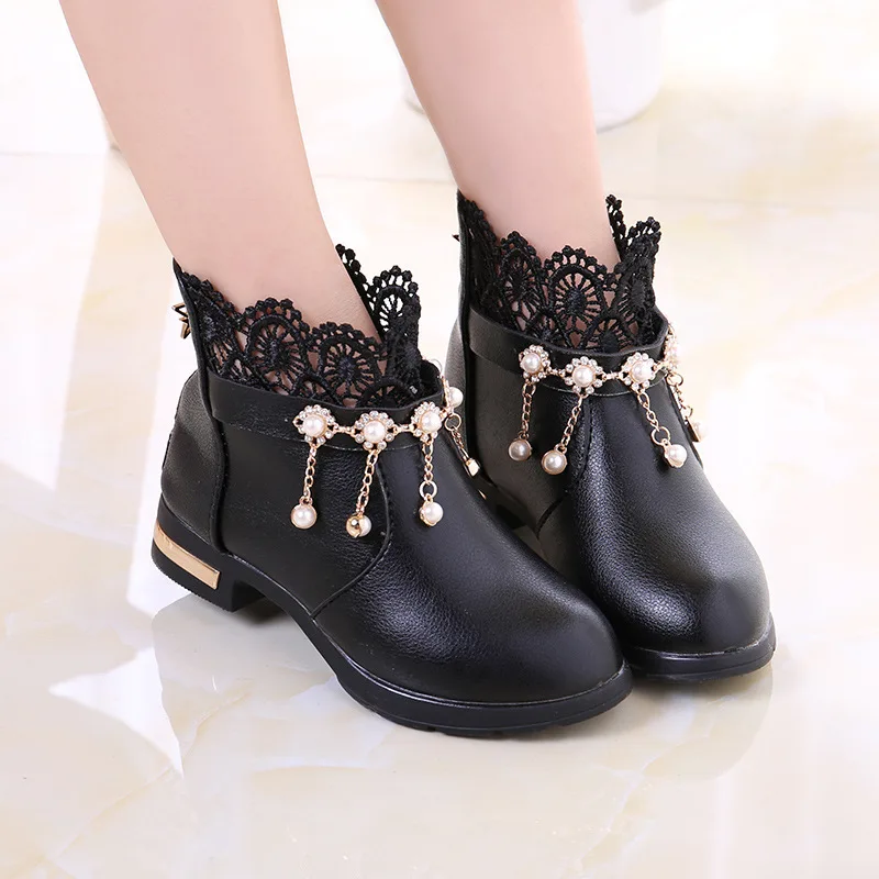 

Girl Kids Fashion Boots Children Leather PU Shoes Baby Snow Boots Women Teenager Lace Pearl Rubber Boots Pink Black Red