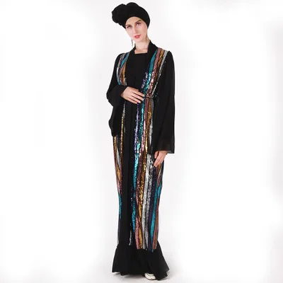 Gold Abaya Cardigan Kimono For Women Muslim Lace Maxi Dress Dubai Beaded Burka Coat Turkish Islamic Clothing | Тематическая одежда