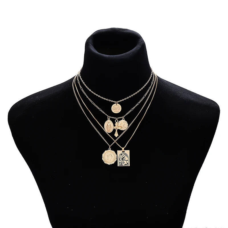 Golden SHIXIN Boho 4 многослойное ожерелье-чокер для женщин разделяемая Длинная цепочка крест Руна девственница Мэри кулон модное ювелирное изделие для женщин - Окраска металла: Golden