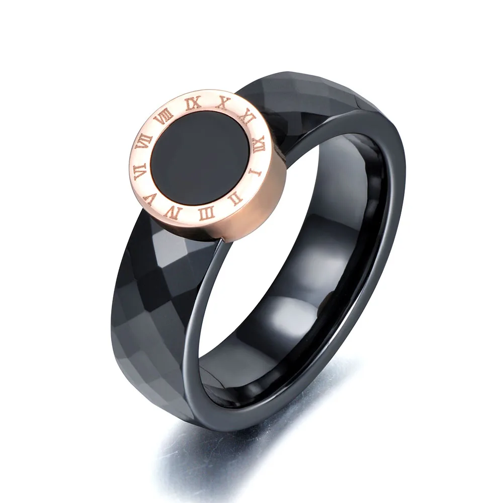 JeeMango Roman Numerals Ring Jewelry For Women Rose Gold Color Ceramic Titanium Steel Wedding Rings Anneaux R17159 | Украшения и