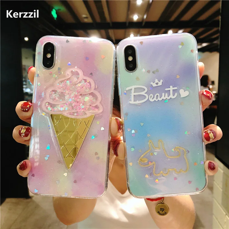 Kerzzil Cartoon White Clouds Phone Case For iPhone 7 Plus Transparent Soft Cases Ice Cream Glitter Cover X 8 6 6s | Мобильные