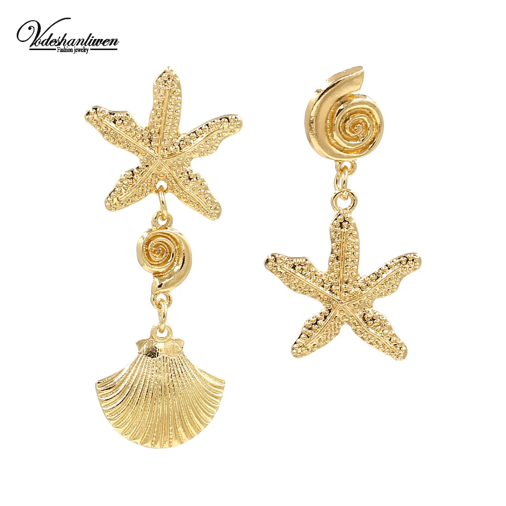 Vodeshanliwen New Gold Starfish Stud Earrings For Women Fashion Bohemian Big Metal Statement 2019 Ocean style Jewelry | Украшения и
