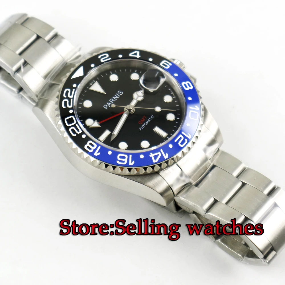 40mm Parnis black dial Ceramic Rotatig Bezel Sapphire glass bezel GMT automatic mens watch | Наручные часы